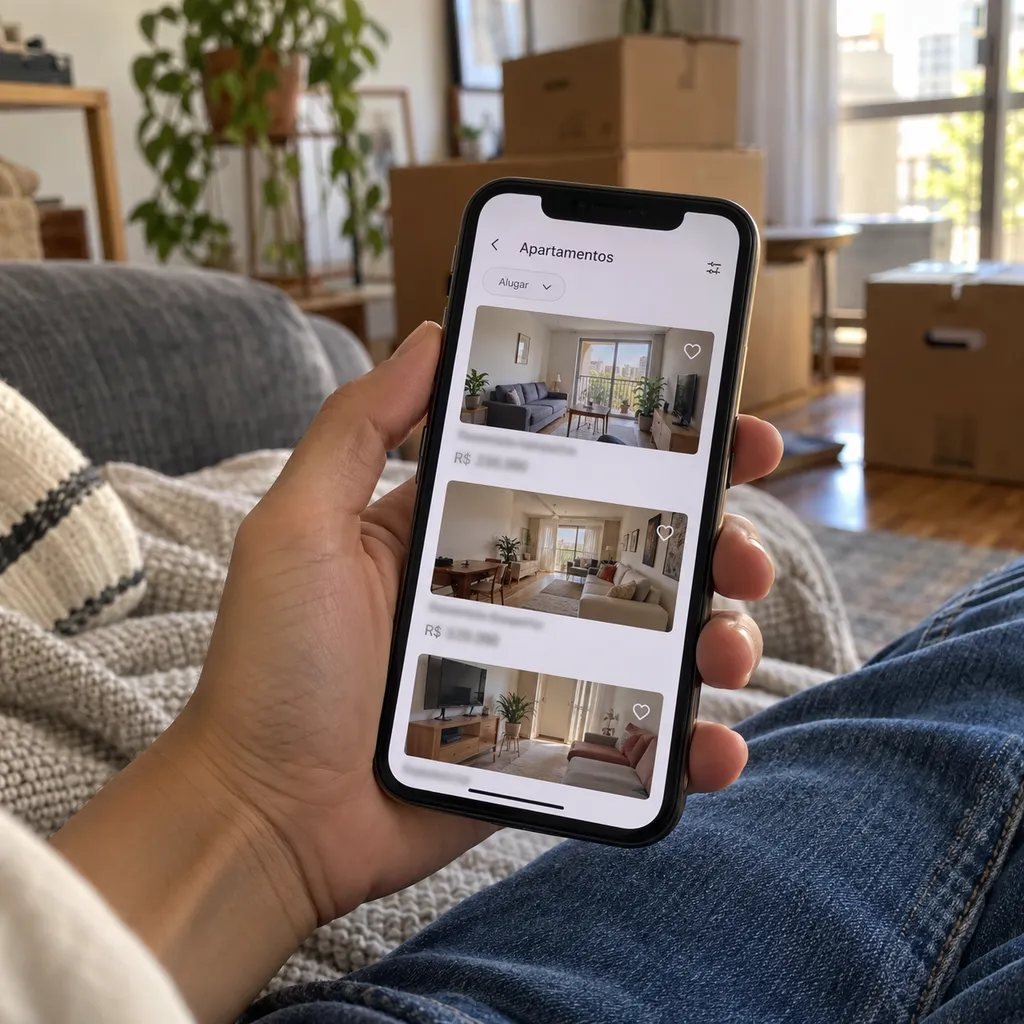 Mão segurando o celular com uma lista de apartamentos para alugar, no sofá, com caixas de mudança ao fundo