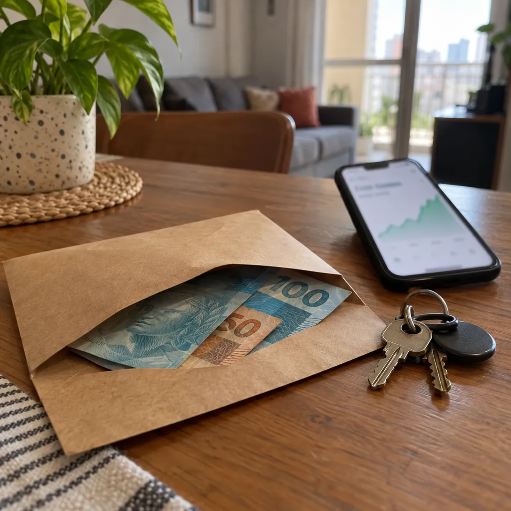 Envelope pardo com cédulas de real sobre a mesa, ao lado de um molho de chaves e de um celular