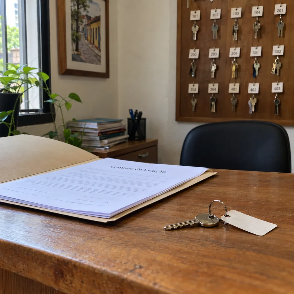 Contrato de locação e uma chave sobre o balcão de uma imobiliária, com o quadro de chaves numeradas na parede