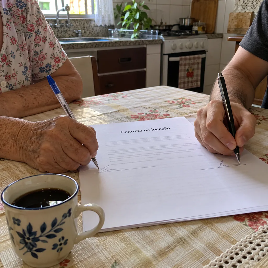 Duas mãos assinando um contrato de locação na mesa da cozinha, ao lado de uma xícara de café